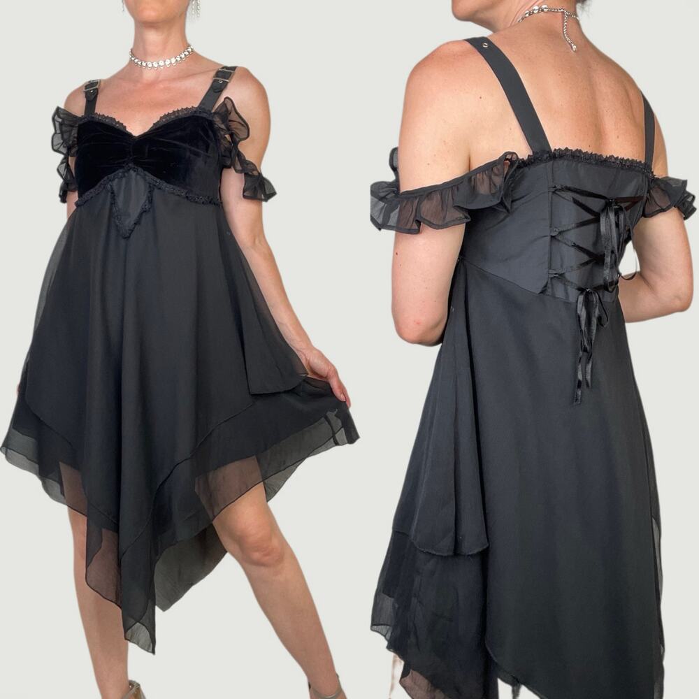 Funhouse gothic corset lace-up midi dress ruffle buckle sleeve whimsigoth goth‎